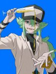  1boy artist_name baseball_cap blue_background blue_eyes cup drink glass green_hair hair_between_eyes hat highres holding holding_cup jacket long_hair male_focus multiple_bracelets n_(pokemon) nagiru open_mouth pokemon pokemon_bw simple_background smile solo teeth twitter_username upper_body watermark white_jacket 