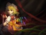  1girl apple back_bow blonde_hair bow closed_mouth dark_background flandre_scarlet food frilled_skirt frills fruit hat highres holding holding_food holding_fruit light_smile looking_at_viewer looking_back mob_cap nail_polish pointy_ears puffy_short_sleeves puffy_sleeves red_apple red_eyes red_nails red_ribbon red_skirt red_vest ribbon shirt short_sleeves skirt solo thorx too_many touhou vest white_headwear white_shirt yellow_bow 