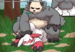 2023 absurd_res anal anthro backsack balls belly black_body black_nose blush detailed_background duo generation_3_pokemon generation_6_pokemon genitals hi_res kemono male male/male navel nintendo outside overweight overweight_male pangoro plant pokemon pokemon_(species) red_body reddo12340 sex tree white_body zangoose