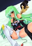  c.c. code_geass fingernails food green_hair holding_pizza long_fingernails long_hair panties partially_visible_vulva pizza solo spread_legs takao_ukyou thighhighs torn_clothes underwear vibrator yellow_eyes 