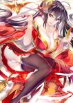  119 1girl azur_lane bangs bare_shoulders black_hair breasts cleavage commentary_request hair_between_eyes japanese_clothes kimono large_breasts long_hair looking_at_viewer lying mask mask_on_head nail_polish on_side panties pleated_skirt red_eyes red_kimono red_nails skirt smile taihou_(azur_lane) thighhighs underwear very_long_hair 