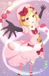  1girl arms_up black_gloves blonde_hair bow candy candy_wrapper commentary_request doughnut dress elbow_gloves food footwear_bow full_body gloves gradient_background hair_bow highres lambdadelta lollipop looking_at_viewer nzmtarou open_mouth pink_background pink_dress pink_footwear pink_headwear pink_thighhighs puffy_short_sleeves puffy_sleeves pumpkin purple_background red_bow red_eyes short_hair short_sleeves solo teeth thighhighs tongue umineko_no_naku_koro_ni upper_teeth_only wrapped_candy 