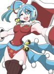 1girl ;d aqua_eyes aqua_hair armpits bell brown_thighhighs cape hair_between_eyes highres leotard long_hair mega_man_(series) mega_man_x_(series) mega_man_x_dive official_alternate_costume one_eye_closed open_mouth peroke red_cape red_leotard rico_(mega_man) santa_leotard side_ponytail smile solo thighhighs white_background 