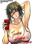  armpits arms_behind_head arms_up blowing_kiss blue_eyes breasts cleavage crop_top eyepatch green_hair hands_on_own_head highres holding holding_phone kamila nipples original phone presenting_armpit see-through see-through_shirt selfie solo solo_focus sweat sweatdrop yellow_eyes 