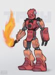  absurdres artist_name bentodraws bionicle character_name english_commentary flaming_sword flaming_weapon grey_background highres holding holding_sword holding_weapon kanohi_(bionicle) lego looking_at_viewer mask orange_eyes shadow sword tahu_(bionicle) the_lego_group weapon 