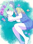  1boy antenna_hair barefoot basil_(headspace)_(omori) basil_(omori) blue_flower blue_overalls bright_pupils child closed_mouth flower foot_out_of_frame grass green_eyes green_hair green_shirt looking_at_viewer male_focus matouchi_(matouti118) omori on_grass outdoors overall_shorts overalls own_hands_together pink_flower pink_rose purple_flower rose shirt short_hair short_sleeves smile solo whiet_skin white_pupils yellow_flower 