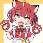  1girl ahoge akami_karubi animal_collar animal_ears animal_hands apron blue_eyes bow bowtie cat_ears collar commentary fangs gloves gradient_eyes indie_virtual_youtuber maid maid_apron multicolored_eyes paw_gloves paw_pose pixel_art potato7192 puffy_short_sleeves puffy_sleeves red_bow red_bowtie red_hair red_shirt shirt short_sleeves twintails virtual_youtuber waist_apron white_apron 