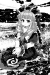  1girl arm_ribbon artist_name boots bow dress frilled_dress frilled_ribbon frilled_sleeves frills front_ponytail greyscale hair_bow hair_ribbon kagiyama_hina looking_at_viewer monochrome outdoors puffy_short_sleeves puffy_sleeves ribbon shimaya_naokazu short_sleeves solo touhou 