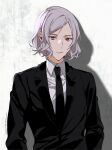  1boy arms_at_sides artist_name black_jacket black_necktie black_suit buu_(buu02) closed_mouth collared_shirt dated expressionless grey_eyes grey_hair jacket long_sleeves looking_at_viewer male_focus necktie otto_suewen re:zero_kara_ayamatsu_isekai_seikatsu re:zero_kara_hajimeru_isekai_seikatsu shirt short_hair simple_background solo suit twitter_username upper_body wavy_hair white_background white_shirt wing_collar 