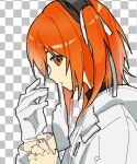  1girl a.i._voice adachi_rei android checkered_background from_side gloves grey_background hair_ribbon hands_up hidaka_ui highres jacket joints long_sleeves medium_hair mouth_hold one_side_up orange_eyes orange_hair profile putting_on_gloves ribbon robot_joints single_glove solo upper_body utau white_gloves white_jacket white_ribbon 