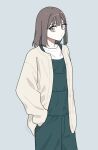  1girl :o brown_cardigan brown_eyes brown_hair cardigan commentary_request green_overalls grey_background hand_in_pocket highres long_sleeves looking_at_viewer medium_hair open_cardigan open_clothes original sakashima_0822 shirt signature simple_background solo white_shirt 