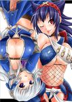  ;p asuru_(armor) bad_id bad_pixiv_id breasts cleavage cum earrings fishnets futanari hairband jewelry large_breasts long_hair midriff monster_hunter monster_hunter_frontier multiple_girls nargacuga_(armor) one_eye_closed penis pochi_(pochi-goya) purple_eyes red_eyes tongue tongue_out underboob 