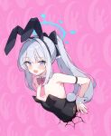  1girl absurdres ai-assisted animal_ears black_leotard blue_archive blush detached_collar fake_animal_ears fake_tail fingernails grey_hair highres kiriyuki_(azikaban1532) leotard long_hair looking_at_viewer miyako_(blue_archive) nail_polish nipples open_mouth ponytail purple_eyes rabbit_ears rabbit_tail red_nails smile solo strapless strapless_leotard tail wrist_cuffs 