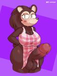 2020 animal_crossing anthro apron apron_only artist_name balls big_balls big_breasts big_penis blush blush_lines breasts brown_body clothing digital_media_(artwork) eulipotyphlan eyelashes freckles genitals gynomorph hand_on_hip hedgehog hi_res intersex mammal motion_lines nintendo panickingad penis purple_background quills_(anatomy) sable_able simple_background solo thick_thighs