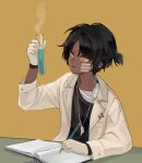  1boy arknights bandaid black_hair black_shirt book brown_coat coat commentary_request dark-skinned_male dark_skin earclip frown gloves highres holding holding_test_tube jewelry korean_commentary looking_up male_focus measuring necklace open_book parted_lips pencil shirt short_hair solo table test_tube thorns_(arknights) undershirt urchin104 white_gloves writing yellow_eyes 