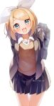  1girl :d arms_behind_back backlighting bag black_skirt blonde_hair blue_eyes bow bow_hairband brown_cardigan brown_sweater cardigan collarbone cowboy_shot grey_bag grey_jacket hair_bow hair_ornament hairband hairclip head_tilt highres jacket kagamine_rin light_blush looking_at_viewer mani_(manidrawings) open_mouth pleated_skirt school_bag school_uniform short_hair skirt smile solo sweater swept_bangs unbuttoned unbuttoned_shirt vocaloid white_bow 
