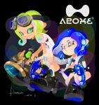  2girls absurdres artist_name black_footwear blue_hair closed_mouth commentary daami_(daami2000) dapple_dualies_(splatoon) dated dual_wielding full_body goggles goggles_on_head green_eyes green_hair grey_eyes gun highres holding holding_gun holding_weapon looking_at_viewer medium_hair multiple_girls octoling octoling_girl octoling_player_character shoes smile splatoon_(series) splatoon_3 sploosh-o-matic_(splatoon) symbol-only_commentary tentacle_hair weapon white-framed_eyewear 