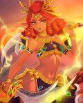  1girl absurdres armlet bare_shoulders blue_lips blue_nails bracelet breasts dark-skinned_female dark_skin desert dual_wielding electricity electrokinesis gem gerudo gold green_eyes hair_ornament highres holding jewelry lightning looking_at_viewer medium_breasts midriff nail_polish necklace over_shoulder pointy_ears red_hair riju scimitar side_slit skirt small_breasts solo sunset sword sword_behind_back sword_over_shoulder the_legend_of_zelda the_legend_of_zelda:_tears_of_the_kingdom tiara truejekart underboob weapon weapon_over_shoulder 