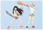  2girls asada7101 baseball_bat black_hair blonde_hair blue_background blue_shorts bob_cut border breasts closed_mouth commentary_request glint hair_ribbon highres holding holding_baseball_bat holding_machete inoue_takina long_hair lycoris_recoil medium_breasts multiple_girls nail nail_bat nishikigi_chisato open_mouth partial_commentary pink_footwear purple_eyes red_eyes red_footwear red_ribbon ribbon shirt short_hair short_sleeves shorts sidelocks simple_background sleeves_past_elbows small_breasts teeth upper_teeth_only white_border white_shirt yellow_shirt 