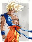  1boy abs battle_damage blonde_hair blood blood_from_mouth blood_on_arm blood_on_chest blue_sash blue_shirt blue_wristband clenched_hand collarbone cowboy_shot dragon_ball dragon_ball_z green_eyes highres injury looking_down male_focus muscular muscular_male orange_pants pants pato007711 pectorals sash shirt signature simple_background solo son_goku spiked_hair super_saiyan super_saiyan_1 torn_clothes torn_shirt veins wind wristband 