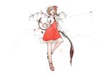  1girl alternate_costume alternate_wings ascot blonde_hair collared_shirt dress flandre_scarlet flower_wings full_body hat hat_ribbon holding holding_pole laevatein_(touhou) looking_at_viewer medium_hair mob_cap multicolored_wings nejima_taeko no_socks one_side_up open_mouth pointy_ears pole red_ascot red_dress red_eyes red_ribbon ribbon sandals shirt simple_background solo teeth touhou upper_teeth_only white_background white_headwear white_shirt wings 