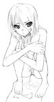  :&lt; barefoot blush copyright_request crossed_arms feet greyscale monochrome nude pee peeing short_hair solo squatting yada_ei 