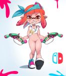  1girl artist_name bare_arms bare_shoulders bottomless bra_strap breasts collarbone domino_mask female full_body gluteal_fold gradient gradient_background grin holding holding_weapon ink inkling logo looking_at_viewer mask navel nl7 orange_hair pussy sharp_teeth shirt shoe_soles shoes small_breasts smile solo splatoon_(series) teeth tentacle_hair torn_clothes walking weapon white_shirt 