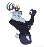 1_eye angry anthro black_body black_fur claws clothed clothing crawley_lordowsky cyclops deer deerclops don&#039;t_starve ears_down fluffy fur hi_res horn hybrid klei_entertainment male male/male mammal pivoted_ears pubes simple_background solo suit tail teeth thong underwear white_body white_fur wide_hips
