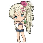  1girl bandeau bare_legs bare_shoulders barefoot bikini blonde_hair blue_eyes blush bow cup denim denim_shorts drinking_glass drinking_straw flower full_body grecale_(kancolle) grin hair_bow hair_flower hair_ornament halterneck jewelry kantai_collection long_hair multicolored_bandeau nail_polish navel necklace no_shirt one-take pink_bow short_shorts shorts side_ponytail smile solo standing stomach swimsuit turret 