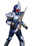  1boy armor blue_bodysuit bodysuit full_armor highres holding holding_sword holding_weapon kamen_rider kamen_rider_blade kamen_rider_blade_(series) masukudo_(hamamoto_hikaru) red_eyes rider_belt spikes sword tokusatsu vambraces weapon white_background 