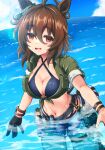 1girl agnes_tachyon_(lunatic_lab)_(umamusume) agnes_tachyon_(umamusume) ahoge animal_ears bikini black_bikini black_gloves blue_shorts blue_sky breasts brown_eyes brown_hair commentary_request cowboy_shot criss-cross_halter ear_ornament from_below gloves green_jacket grin groin hair_between_eyes halterneck hand_on_own_hip highres horse_ears horse_girl horse_tail huge_ahoge jacket micro_shorts midriff musan_(mu34mi) navel official_alternate_costume official_alternate_hairstyle open_mouth outdoors partially_submerged pointing shaded_face short_ponytail shorts single_glove sketch sky smile solo strap_pull swimsuit tail tied_jacket torn_clothes torn_shorts umamusume 