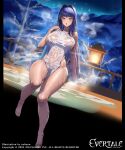  1girl arm_support artist_name bare_shoulders barefoot blue_hair breasts collarbone commentary_request company_connection company_name copyright_name cuboon evertale fingernails full_body green_eyes highres holding large_breasts logo long_hair looking_at_viewer ludmilla_(evertale) naked_towel night night_sky official_art open_mouth outdoors shiny_skin sitting sky snow solo steam thighs toes towel water water_drop wet wet_towel 