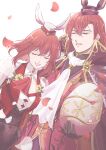  1boy 1girl brother_and_sister closed_eyes coat easter_egg egg fire_emblem fire_emblem:_mystery_of_the_emblem fire_emblem_heroes hair_between_eyes hat highres holding holding_egg michalis_(fire_emblem) michalis_(spring)_(fire_emblem) minerva_(fire_emblem) minerva_(spring)_(fire_emblem) mini_hat neckerchief official_alternate_costume open_clothes open_coat open_mouth open_vest playboy_bunny red_hair red_neckerchief red_vest siblings teeth upper_teeth_only vest white_background yori_ilrosso 