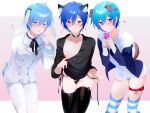  3boys animal_ears black_choker black_shirt black_thighhighs blue_eyes blue_hair blue_nails blush cat_boy cat_ears choker commentary_request condom crossdressing dark_blue_hair dog_boy dog_ears dog_tail fellatio_gesture flashing gradient_background guilty_(module) hair_between_eyes heart heart-shaped_pupils holding holding_condom hood hoodie kaito_(vocaloid) leaning_forward licking_lips light_blue_hair looking_at_viewer male_focus multiple_boys natsu_in otoko_no_ko parka project_diva_(series) puffy_nipples rabbit_boy rabbit_ears rabbit_tail school_uniform_parka_(module) shiny_clothes shiny_skin shirt short_hair simple_background skindentation standing striped_clothes striped_thighhighs suit symbol-shaped_pupils tail thighhighs thighs tongue tongue_out upper_body vocaloid white_blazer_(module) white_hoodie white_suit 