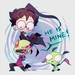  3boys ahoge alien artist_name black_hair boots carrying carrying_person colored_skin dib_(invader_zim) earrings english_text flag gir_(invader_zim) glasses green_skin holding holding_flag invader_zim jewelry multiple_boys pants pink_eyes short_hair yoyochaan zim_(invader_zim) zipper 
