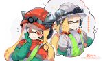  1boy 1girl blonde_hair blush closed_mouth commentary_request earpiece ed_(jinko) gloves green_gloves highres inkling inkling_boy inkling_girl inkling_player_character jinkobanana jumpsuit long_hair medium_hair mining_helmet orange_eyes red_headwear rubber_gloves simple_background smile sparkle splatoon_(series) splatoon_3 spoken_character standing tentacle_hair thought_bubble translation_request white_background white_headwear yellow_eyes 