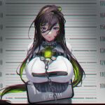  1girl ankle_cuffs arms_behind_back bodysuit breasts brown_hair chain collar commentary_request cuffs full_body goddess_of_victory:_nikke green_hair guilty_(nikke) hair_behind_ear hair_between_eyes height_chart huge_breasts leaning_forward long_hair looking_at_viewer mikan03_26 mugshot multicolored_hair non-web_source official_art purple_eyes restrained shackles solo source_request standing straitjacket streaked_hair very_long_hair weapon white_bodysuit 