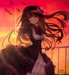  1girl bird black_bow black_bowtie black_dress bow bowtie breasts brown_hair commentary_request date_a_live dated dress gloves gradient_sky highres long_hair looking_at_viewer outdoors red_eyes signature sky solo tokisaki_kurumi yy626123 