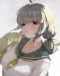  1girl absurdres ahoge araga_kiwi backlighting blunt_bangs blush breasts finger_to_mouth green_hair green_sleeves grey_background hair_bun highres large_breasts long_hair m1key02 mahou_shoujo_ni_akogarete mole mole_under_eye parted_lips pointy_ears purple_eyes school_uniform simple_background solo upper_body 