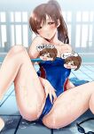  1girl :o bare_shoulders blurry blurry_background blush breasts brown_hair cameltoe censored character_censor clothes_pull competition_swimsuit gen_(enji) goggles goggles_removed highres idolmaster idolmaster_cinderella_girls looking_at_viewer medium_breasts nitta_minami novelty_censor on_floor one-piece_swimsuit ponytail pool sitting skin_tight solo spread_legs sweatdrop swimsuit swimsuit_pull tile_floor tiles 