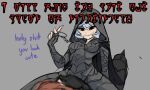  2girls black_eyes blue_hair brown_hair cape centurii-chan_(artist) fingerless_gloves gloves hood key looking_down multiple_girls short_hair sitting sitting_on_person solo_focus the_elder_scrolls the_elder_scrolls_v:_skyrim translation_request 