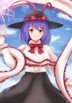  1girl bangs black_headwear black_skirt bow bowtie capelet center_frills closed_mouth cowboy_shot frilled_shawl frills hat hat_bow hatoman_(ytef4434) highres lightning long_sleeves looking_at_viewer nagae_iku purple_hair red_bow red_bowtie shawl shirt short_hair skirt sky smile solo standing touhou white_capelet white_shirt 