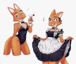  anthro beverage bow_tie breasts canid canine canis clevage clothed clothing costume diane_foxington digital_media_(artwork) dreamworks eyebrow_piercing facial_piercing female fishnet fishnet_legwear fox fur green_eyes hi_res holding_beverage holding_object legwear maid_uniform mammal nosugarnohoney orange_body orange_fur piercing playboy_bunny playboy_outfit playboy_suit simple_background smile solo standing the_bad_guys topwear uniform white_background 