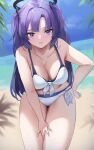  1girl :o armpits bangs beach bikini blue_archive blunt_bangs breasts cleavage collarbone front-tie_bikini front-tie_top halo hand_on_own_thigh highres large_breasts leaning_forward long_hair looking_at_viewer outdoors pepeo purple_eyes purple_hair side-tie_bikini solo swimsuit two_side_up very_long_hair white_bikini yuuka_(blue_archive) 