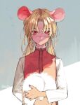  1girl 2020 animal animal_ears blonde_hair chinese_zodiac closed_mouth highres holding holding_animal long_hair looking_at_viewer mouse mouse_ears original red_eyes sasami_(ki) solo turtleneck twintails year_of_the_rat 