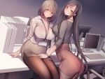 2girls absurdres amane_ruri ass bangs binder black_hair black_sweater bra_visible_through_clothes breasts brown_eyes brown_skirt cleavage closed_mouth collared_shirt commentary_request desk grey_hair grey_skirt hand_on_another&#039;s_thigh head_tilt highres indoors large_breasts long_hair looking_at_viewer medium_hair monitor multiple_girls name_tag office office_lady on_desk original pantyhose pantylines pencil_skirt ribbed_sweater shirt sitting sitting_on_desk skirt smile standing sweater white_shirt 