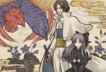  1boy 1girl bakumatsu_rouman black_bow black_capelet black_dress black_hair blue_eyes blue_flower bow capelet commentary_request dress egasumi flower hair_bow holding holding_sword holding_weapon kagami_shinnosuke len_(tsukihime) looking_at_another m.u.g.e.n mugennagi pom_pom_(clothes) sash short_hair standing sword tsukihime weapon white_capelet 