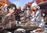  2girls 3boys armin_arlert ascot autumn_leaves bangs belt black_eyes black_footwear black_hair blonde_hair blue_sky blurry blurry_foreground boots brown_jacket character_request chopsticks closed_eyes closed_mouth commentary_request cropped_jacket day depth_of_field eating eren_yeager food frown goggles grey_shirt hand_in_pocket highres holding holding_chopsticks holding_plate hood hood_up hooded_jacket horse jacket knee_boots leotard leotard_under_clothes levi_(shingeki_no_kyojin) long_hair long_sleeves looking_at_another looking_at_viewer mask meat mikasa_ackerman modare mouth_mask multiple_boys multiple_girls open_clothes open_jacket open_mouth outdoors pants paradis_military_uniform parted_bangs plate ponytail red_eyes shingeki_no_kyojin shirt shishkebab_(fallout) short_hair short_shorts shorts sitting skirt sky smile standing survey_corps_(emblem) suspender_skirt suspenders swept_bangs thighhighs tongs very_long_hair white_ascot white_belt white_leotard white_pants white_shorts white_thighhighs 