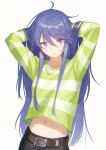  1girl absurdres adjusting_hair ahoge arms_up black_pants blue_hair closed_mouth commentary_request green_sweater hair_down highres long_hair navel pants purple_eyes shima_rin simple_background solo striped striped_sweater sweater white_background yidie yurucamp 
