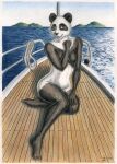  anthro blue_eyes boat casual_nudity female giant_panda hi_res island looking_at_viewer mammal plantigrade sea sitting sky solo syntech traditional_media_(artwork) ursid vehicle water watercraft 